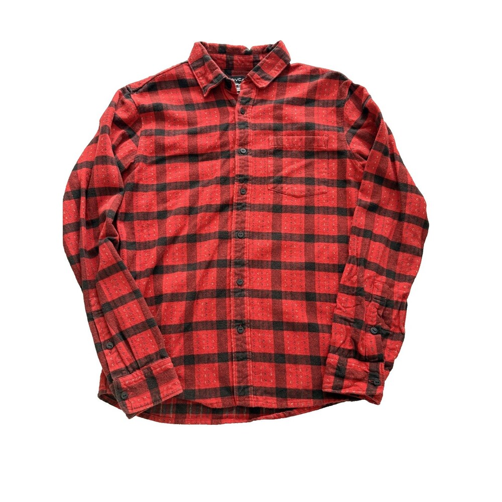 RVCA No Wave Flannel Shirt Red Black Plaid Button Up Men’s Small 100% Cotton